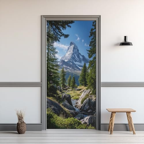 Alpen Berge Türtapete Waldbach Türposter Selbstklebend Natur Landschaft Türfolie Fototapete PVC Wasserdich Abnehmbar für Innentür Wohnzimmer Schlafzimmer Bad Tür 90x200cm