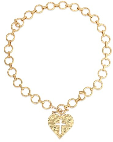 Mikovivi Halsband med Grova Korshängen i Guld, Vintage Hamrat Korshjärthalsband Stort Uttalande Halsband med Grova Guldkedjor för Kvinnor