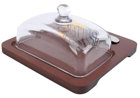 Haofy Mantequera de Vidrio y Madera con Tapa, Recipiente para Queso y Mantequilla con Herramienta de Corte, Contenedor de Almacenamiento de Cocina (Marron oscuro)