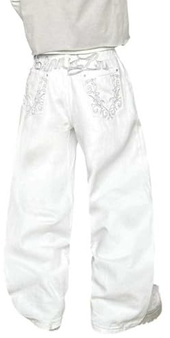 Zewool hip-hop jeans uomo baggy jeans con tasche ricamate, gamba larga, vestibilità larga, pantaloni casual in denim, skater-streetwear, A13 bianco, L