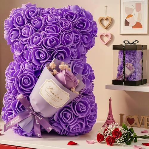 Otlonpe Rosenbär Muttertagsgeschenke für Mama, Geschenke für Frauen Sie Freundin, Cute Rosen Teddybär mit Blumen Tisch Dekorationen für Geburtstag, Valentinstag, Weihnachten (Lila)