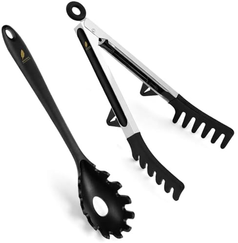 Brown Feather Silicone Spaghetti Spoon & Pasta Tongs - Set of 2 Serving Spagetti with Measure Tool & Pasta Fork, Heat Resistant & Non Stick Kitchen Utensils, Ideal for Noodle with Portion