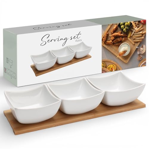 MIJOMA Lot de 4 bols en porcelaine de 9,5 cm - Blanc mat et bambou FSC - Pour tapas, sauces et collations