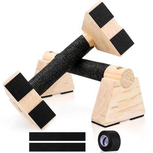Lighterday 1 Pair Push Up Handles,Wooden Parallettes Bars,Calisthenics Equipment with Non Slip Cotton Wrap,Push Up Board with Rubber Base Pads,Press Up Handles for Fitness/Gym/Home Workout