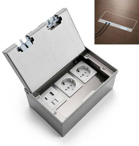 VeftBltrem Prise de sol pour réservoir de sol en acier inoxydable noir – Prise encastrée étanche avec 2 prises, USB et RJ45, prise encastrée au sol escamotable pour un aspect invisible