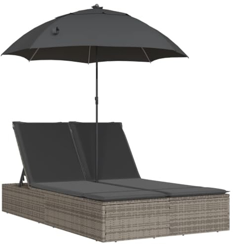 KGHFDVB Doppelliege Poly Rattan Grau mit Polster, Verstellbarer Rückenlehne 4-Fach und Sonnenschirm mit Kippmechanismus für den Garten