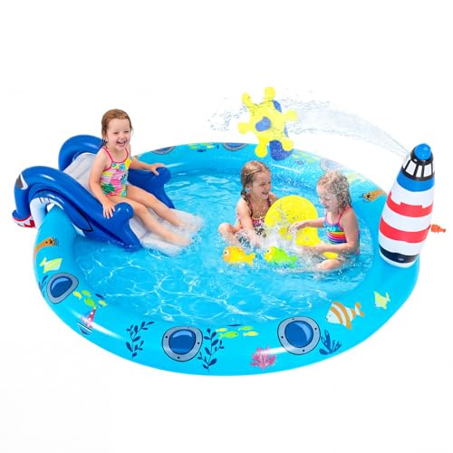 COSTWAY Inflatable Play Center, Marine Life Spray Paddling Pool with Slide & Sprinkle, Outdoor Kids Oval Wading Swimming Pool Children Summer Water Park (188 x 153 x 63cm, Shark-Themed)