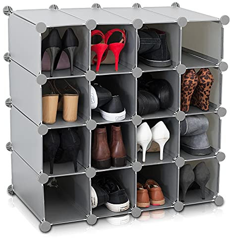 LIVIVO Multi-Purpose 16 Section Interlocking Cube Shoe Rack Organiser with Back Panels Configurable Storage and Display Stand and Holder with Space for 16 Pairs of Shoes Boots Trainers (Grey)