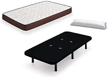 HOGAR24 ES Cama Completa - Colchón Viscobrown Reversible + Base Tapizada 3D Color Negro + 6 Patas de 26cm + Almohada de Fibra, 90x190 cm