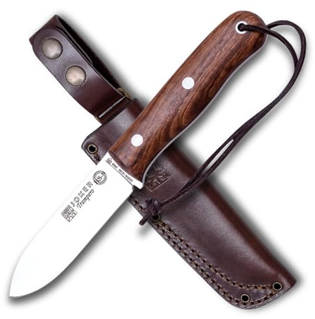 Joker Jaktkniv CN113 Trampero, bälteskniv med handtag av valnöt, brun läderslida, 10 cm blad av sandvikstål 14c28n, verktyg för fiske, jakt, camping och vandring