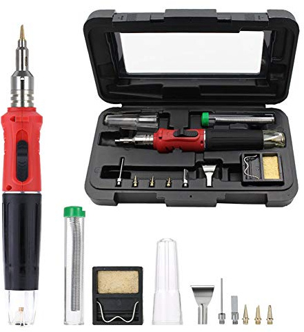 Butane Gas Soldering Iron Set, Professional Blow Torch Kit with 6 Iron Tips, Cordless Gas Solder Tool for Welding, Burning, Jewellery Making - 10 Pcs (Red)