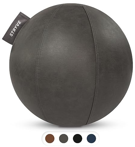 STRYVE Sitzball Büro 65cm - Ergonomischer Gymnastikball mit waschbarem Bezug und Wegrollschutz, inkl. Luftpumpe - Belastbar bis 150kg - Als Bürostuhl, Hocker (Stone Grey Kunstleder, 65)