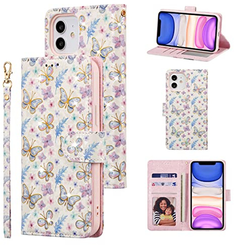 UEEBAI Wallet Case for iPhone 11, PU Leather Phone Case Kickstand RFID Blocking Flip Case with Card Slots Wrist Strap Relief Engraved Pattern Magnetic Closure Folio Case - Butterfly