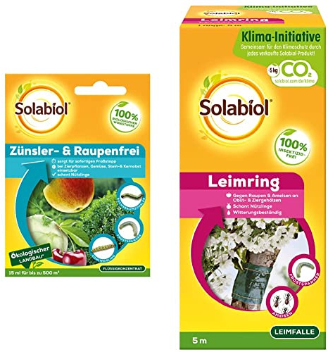 Solabiol Zünsler- und Raupenfrei, biologisches Mittel gegen Raupen an Zierpflanzen, Obst und Gemüse,15 ml Flüssigkonzentrat & Leimring, insektizidfreier Raupenleimring inkl. Bindedraht, 5 Meter