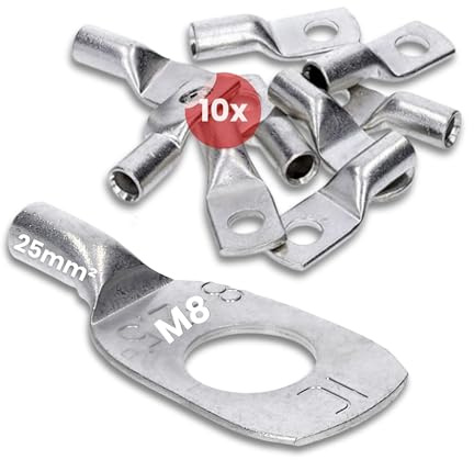 Kalitec 10x Rohrkabelschuhe 25mm² M8 - Kupfer Quetschkabelschuhe Verzinn | Presskabelschuhe nach DIN EN 13600 - Kabelquetschverbinder für Kfz, Solar und Elektro - Korrosionsbeständig ohne Sichtloch