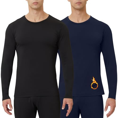 CL convallaira Lot de 2 chemises thermiques pour homme - Sous-vêtements thermiques longs - Couche de base de compression pour temps froid, D-tops-noir-bleu, Large