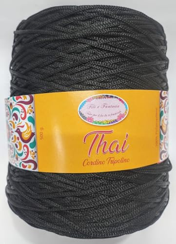 Cordino cordoncino tripolino Thai di qualità, rocca da 500 gr. per borse, centri e varie, ferri uncinetto 3,5/4,5 (NERO 50)