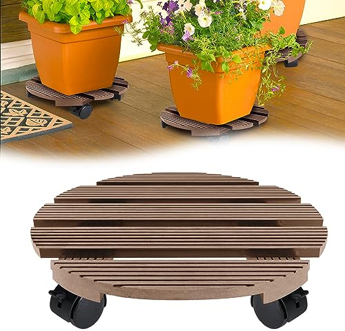 HENGMEI WPC Pflanzenroller, Rollbrett Pflanzen 100 kg Tragkraft, Blumenroller, Rollbretter mit 2 Feststellern für Pflanzen, Innen- und Außenbereich (Rund, Braun)