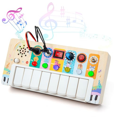 SLEMAKO Holz Montessori Spielzeug mit Busy Board, LED Leuchten und Elektronisches Klavier, Lernspielzeug, Musik Spielzeug, Geschenke für Jungen und Mädchen ab 3 Jahren zu Weihnachten und Geburtstag
