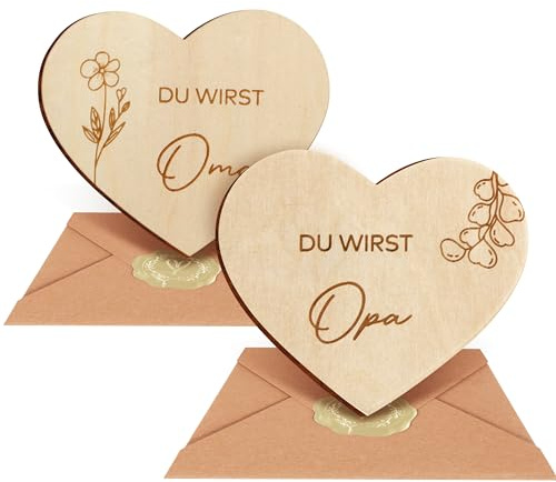 Du wirst Oma & Opa Geschenkset – Schwangerschaftsverkündung für Großeltern, 2 gravierte Holzherzen mit Umschlägen, Baby Ankündigung Überraschung für werdende Oma & Opa