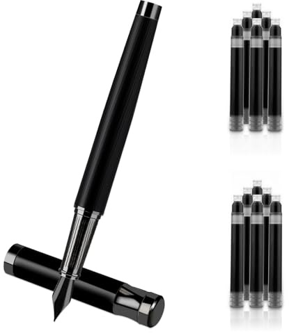 Amaxiu Luxury Fountain Pen Set, 0.5mm Fine Nib Metal Fountain Pen with Converter and 10 3.4mm Black Ink Cartridges Smooth Writing Fountain Pen Business Nice Pen for Office Men Women(Black)