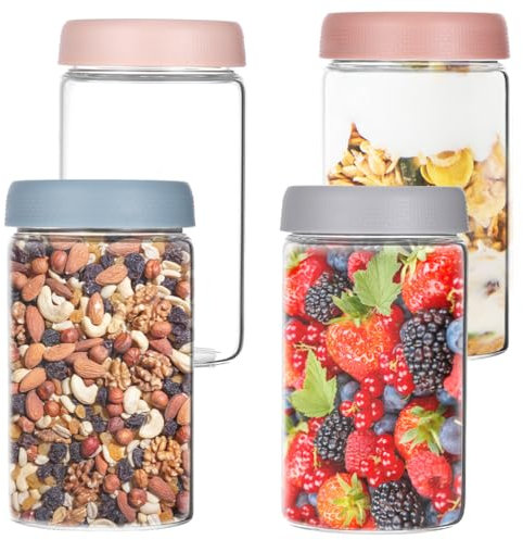 Zocipro 600ml Overnight Oats Jar, 4Pcs Tarros de Cristal con Tapa Hermética, Tarro Cristal de Borosilicato de Boca Ancha Para Yogur, Ensaladas, Avena, Mermelada