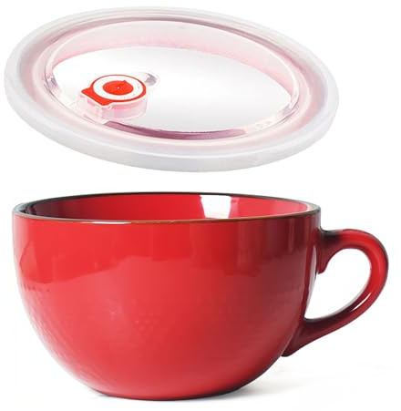 Dowbom Suppenschüssel mit Deckel, 700 ml Porzellan-Ramenschüssel, Instant-Nudel, mikrowellengeeignet, große Suppentasse (rot)