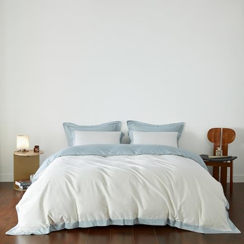 YuHeGuoJi Blue White Duvet Cover Queen 100% Egyptian Cotton Light Blue 3 Pcs Set 1 Baby Blue Hemmed Dual Color Duvet Cover with Zipper Ties 2 Pillow Shams
