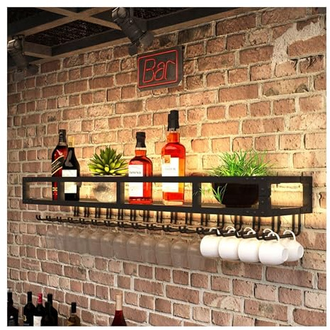 Portabottiglie da Parete con Luce Porta Bottiglie di Vino da Parete con Portabicchieri Cantinetta Vino con Porta Bicchieri Sospesi Porta Calici Scaffale da Parete per Sala da Pranzo Bar Cucina(Black,S