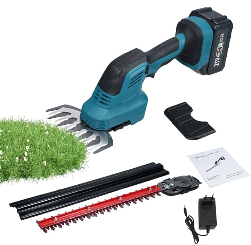 Tagliasiepi e forbici per 2 in 1, tagliasiepi elettrico da 21 V, tagliasiepi portatile, tagliasiepi leggero con batteria da 4,0 Ah e caricabatteria per giardino, cortile e prato