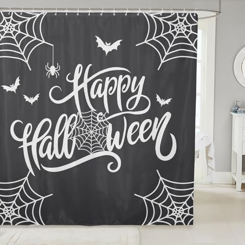 Gothic Halloween 180Bx200L Duschvorhang,Spinnennetz Fledermaus Bad Vorhang Grau Weiß Halloween Badezimmer Vorhang für Kinder Jungen Erwachsene Männer,Gothic Tier Badezimmer Zubehör Wasserdicht