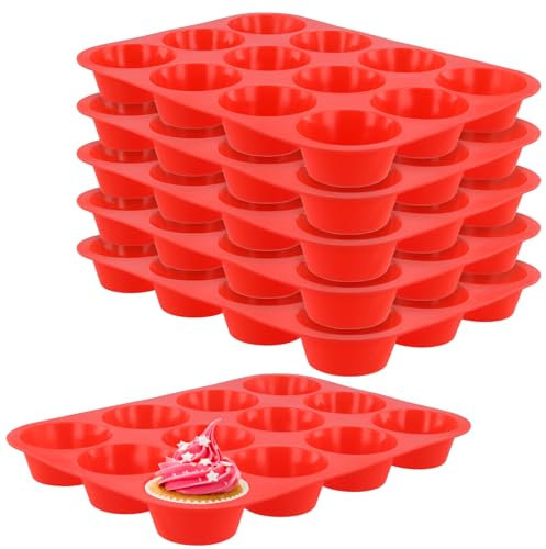 SENJEOK 6PCS 12 Cup Silicone Muffin Cupcake Baking Trays, Non Stick Mini Silicone Loaf Pudding Moulds for Muffin Cakes, Tart, Bread, Red