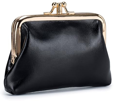 Karoukee Porte-Monnaie en Cuir Véritable pour Femme, Petit Portefeuille avec 2 Compartiments Séparés, Porte-Monnaie Élégant pour Femme, Fermeture à Clip Dorée