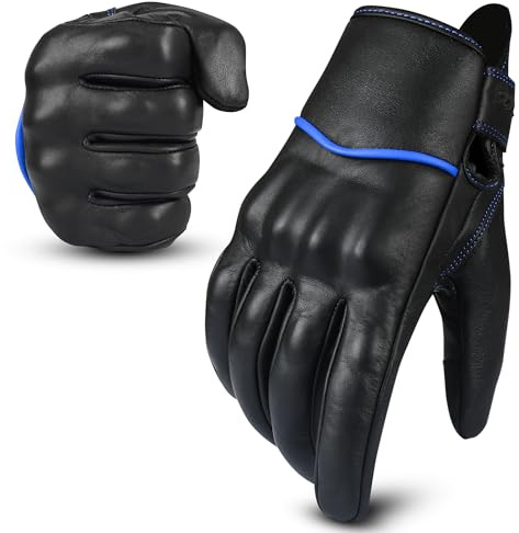 aaasportx Motorcycle Gloves Men's Leather Motorbike Gloves Touchscreen Function - Men & Women Non-Slip Pads (Non-Perforated, Black Blue, Large)