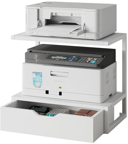 IBUYKE 2 Tier Desktop Printer Stand,Printer Table with Storage Shelf,Multi-Purpose Desk Organizer for Folders,Books,for Fax Machine, Scanner,Home Office,White TLJ015W