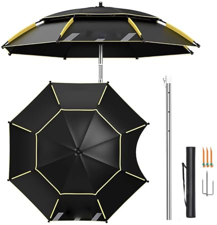 Parasol de Plage Inclinable Coupe-Vent 200 cm/220 cm/240 cm/260 cm, Parasol de Pêche d'extérieur avec Mât Réglable en Acier Inoxydable à 360°, Sac de Transport(220cm/7ft)