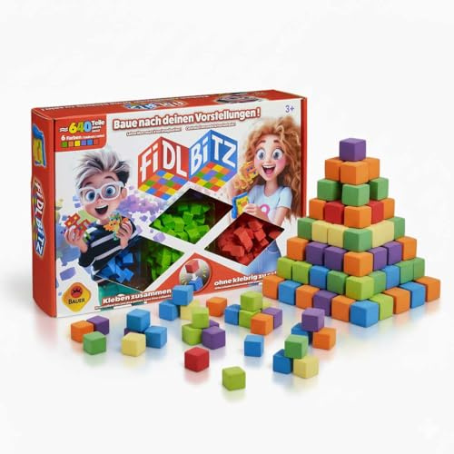 Fidl Bitz – Deluxe Set da gioco con circa 640 cubetti di schiuma colorati per costruire e costruire, colla senza incollare, nuoto in acqua, blu/verde/giallo/arancione/viola/rosso (21102)