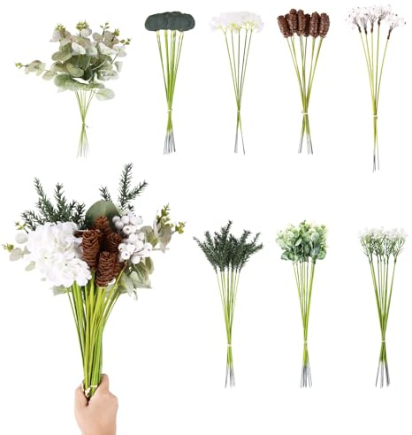 Rami artificiali e fiori artificiali, 70 pezzi di fiori artificiali bianchi verdi artificiali, piante artificiali, foglie verdi, ortensia, fiori per fai da te, decorazione da tavolo, bouquet da sposa