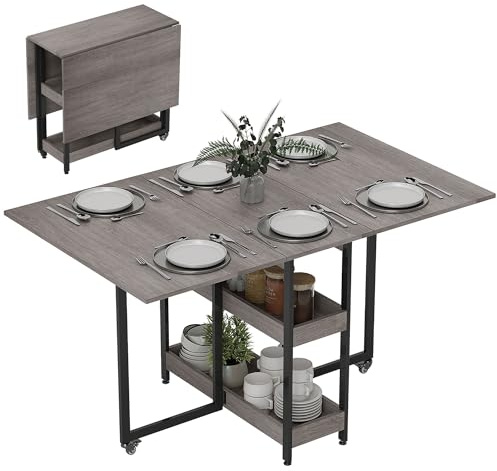 HOMCOM Tavolo da Pranzo Pieghevole, Tavolo Cucina a Ribalta con Ruote per 4 Persone, Scrivania Richiudibile Salvaspazio con 2 Ripiani Aperti, Ideale per Soggiorno, Ufficio, 133.4x80x75 cm, Grigio