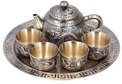 Srliya Juego de té marroquí Vintage Tetera de Metal Lujoso con un Plato de 4 Tazas, Patrón de Alivio Exquisito, Acabado a Prueba de óxido Electroplacado Buen para el Hogar Decoración
