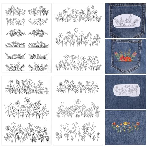 YBEATY 4 fogli Stabilizzatore solubile in acqua Modelli di ricamo Stick Stitch Ricamo Fiori Carta Floreale Daisy Disegni Wash Away Stabilizzatore Stampabile Disegni per Cucito a Mano Principianti