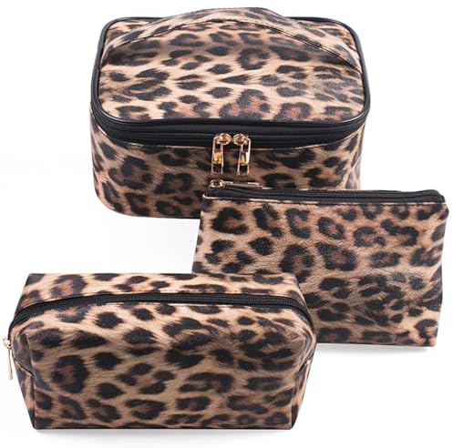 Kaxich 3 Stück Kosmetiktaschen, Kosmetiktasche Set Damen, Kulturtasche Damen Kulturbeutel Make Up Tasche mit Leopardenmuster, Reise Schminktasche für Mädchen Frauen (Kaffeebraun)