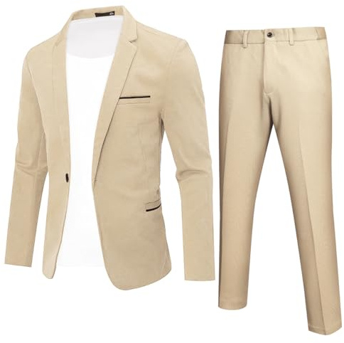 YFFUSHI Traje Hombre 2 Piezas Slim Fit 1 Botón Clásico para Ceremonia Boda Negocios Chaqueta y Pantalón, Caqui, S