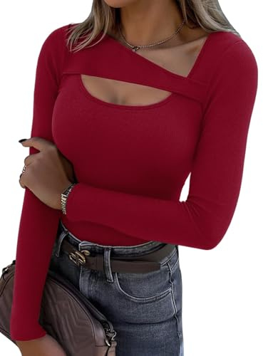 Aottori Long Sleeve Tops Womens Ribbed Cutout Neck Shirts Ladies Basic Pullover Jumpers Top Sexy Fitted Base Layer Underwear Tunic Tee Shirt