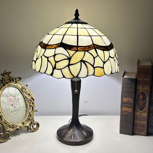 Dualbao Lámpara de Mesa de vidriera de Lirio Blanco de 12 Pulgadas, Beige Crema Vidrio sólido Estilo Tiffany luz de Escritorio Vintage Simple, para decoración de Escritorio Lectura Junto a la Cama