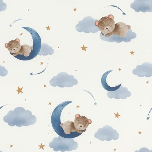Rasch Kids World 321005 Papier peint intissé avec petits ours marron sur nuages pour enfant Bleu