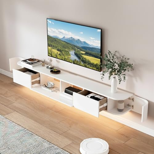 NOYHHAV Mueble TV suspendido de Madera Maciza con 2cajones,6 Espacio de Almacenamiento con Luz TV Estante Flotante Pared 180CM | 70.8 Blanco+Luz