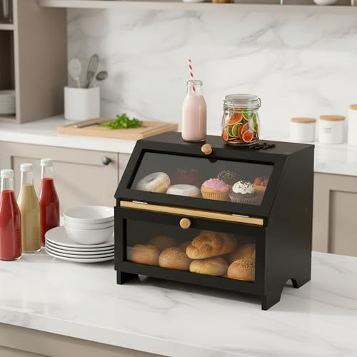 buybyroom Bambus Brotkasten Holz Brotbox, Brotaufbewahrung Mit Magnetisch Acryltür, Lebensmittelecht 2 Etagen Brotkasten Schwarz, 39x25x32cm