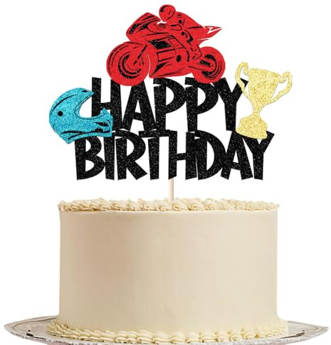 Gtseryeio Motorcycle Happy Birthday Cake Topper,Kids Party Decor Picks for Motorcycle Rider Racing Decorations Supplies Black