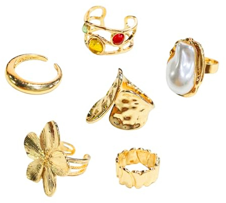 Vintage French Court Gold Rings Set, 6 Piece Baroque Style Pearl Flower Adjustable Ring Collection with Gemstone Accents